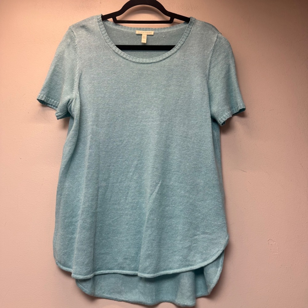 Eileen Fisher Sweater Women Medium Light Blue Excellent Linen Short Sleeve